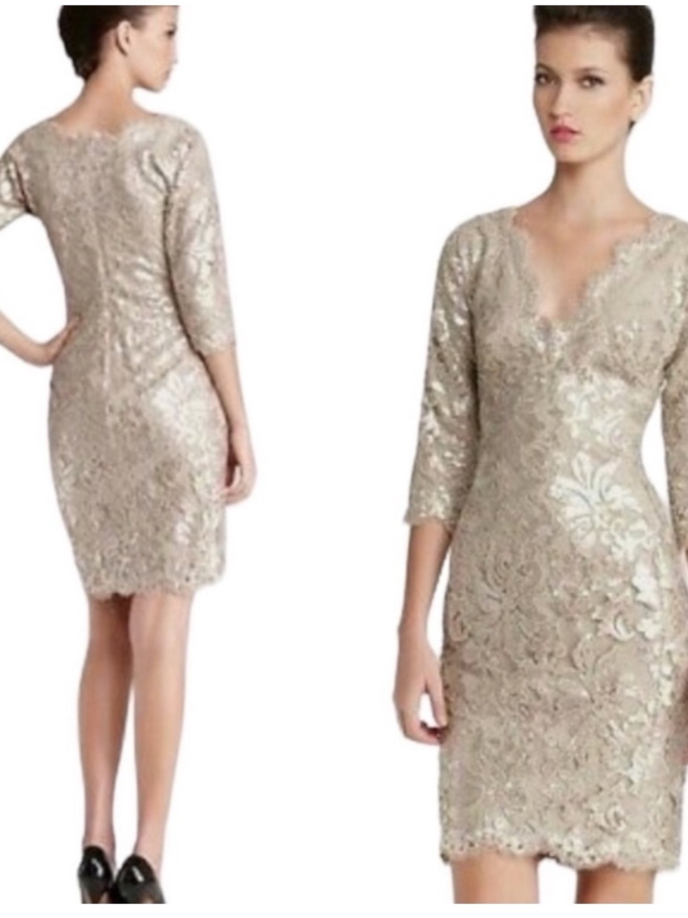 Tadashi Shoji NWT Sequin Dress 3/4 Sleeve Cocktail Party Formal Champagne Size 6